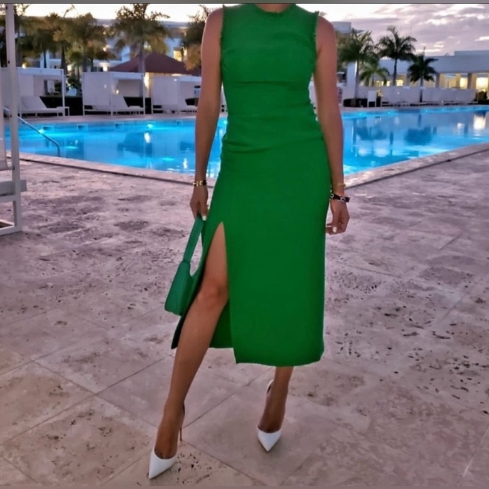 Zara Green Sleeveless Midi Dress with Side Slit